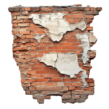 Weathered red brick wall with cracks and peeling plaster in an urban setting, Ruined, collapsed, cracked, or broken weathered red brick wall, isolated on White background png