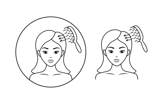 icon of a beautiful girl who combs her hair. She's worried about problems with her hair. The woman has baldness, split ends. The concept of hair loss.Flat linear illustration vector