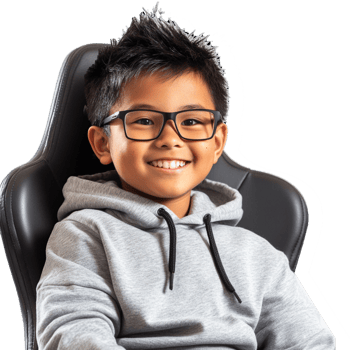 A boy wearing glasses sits in a gaming chair png