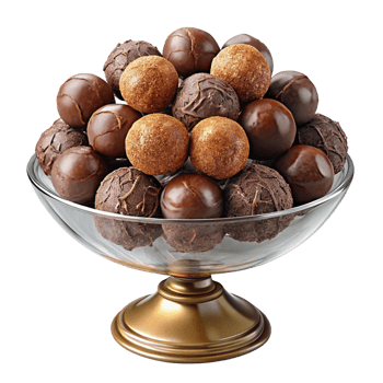 Assorted premium truffles in a glass serving dish png