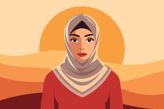 Young muslim woman in hijab at sunset in the desert. Flat style illustration. vector