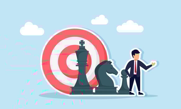 Businessman stands next to a chess piece and target board, illustration of strategy in achieving business targets vector