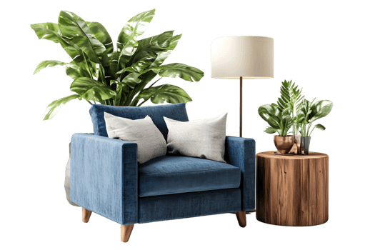 Cozy Blue Armchair With Decorative Pillows Alongside Wooden Side Table And Potted Plants In Living Space png