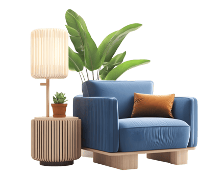 Modern Blue Upholstered Armchair Accompanied by Wooden side Table and Stylish Lamp with Plants png