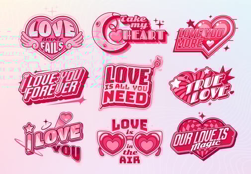 Y2K icons, Valentine day with love quote phrases vector