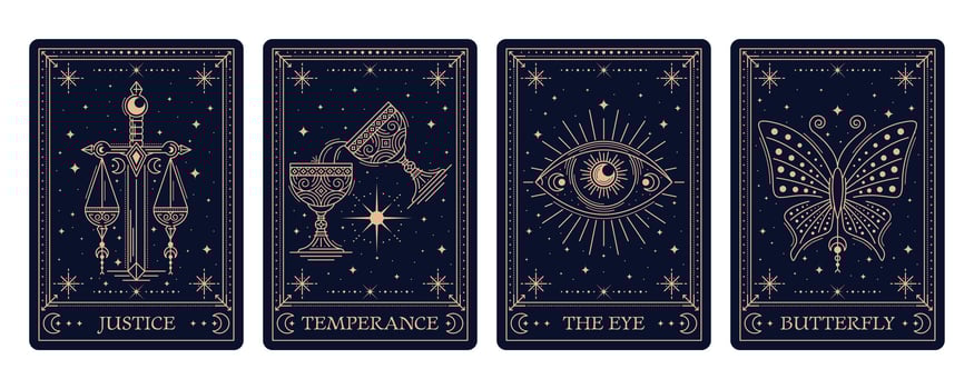 Tarot cards, magic esoteric occult symbols, frames vector