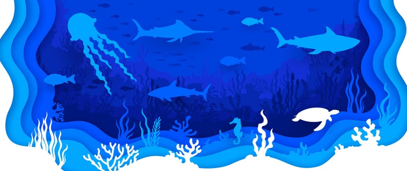 Paper cut landscape with sea animals vector