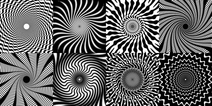 Psychedelic hypnotic spiral patterns, swirl effect vector