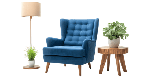 Stylish Blue Velvet Armchair with Standing Lamp and Wooden Side Table Featuring a Potted Plant png