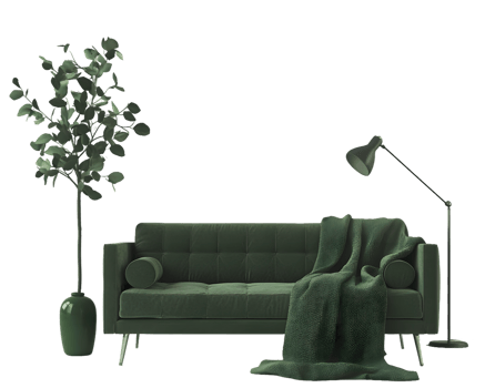 Stylish Green Sofa With Throw Blanket And Decorative Elements In Modern Living Room Setting png