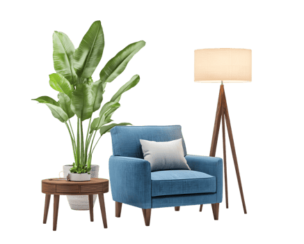 Stylish Living Room Setup Featuring Blue Armchair Decorative Pillow Indoor Plant Side Table And Lamp png