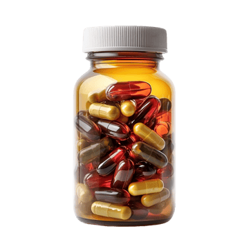 Bottle of Multivitamins with White Cap Resting on Transparent Surface png