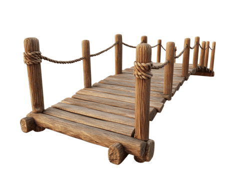 Wooden footbridge with rope railings curved design png