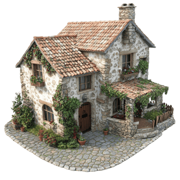 Charming Stone Cottage With Lush Greenery And Cobblestone Path png