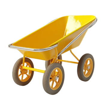 A vibrant yellow wheelbarrow sits on a black background png