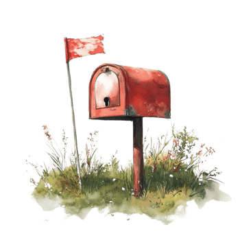 Rustic Red Mailbox Amidst Wildflowers and a Small Flag png