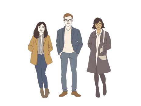 Three stylish individuals stand together smiling for a photo png