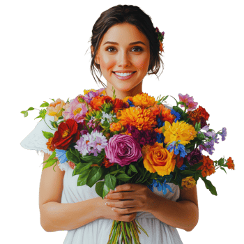 Woman in White Dress Holding a Vibrant Bouquet of Flowers png