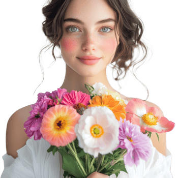 Woman with Freckles Holds Colorful Bouquet of Flowers png