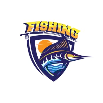 marlin fishing badge, fishing rods vintage logo design illustration vector