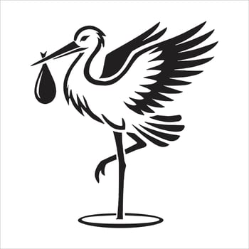 A black and white illustration of a stork holding a baby vector