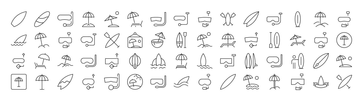 Diving Mask, Surfboard, Umbrella, Beach Line Icon Collection. Outline Signs for Graphic and Web Design, Apps, Adverts, Various Cards vector