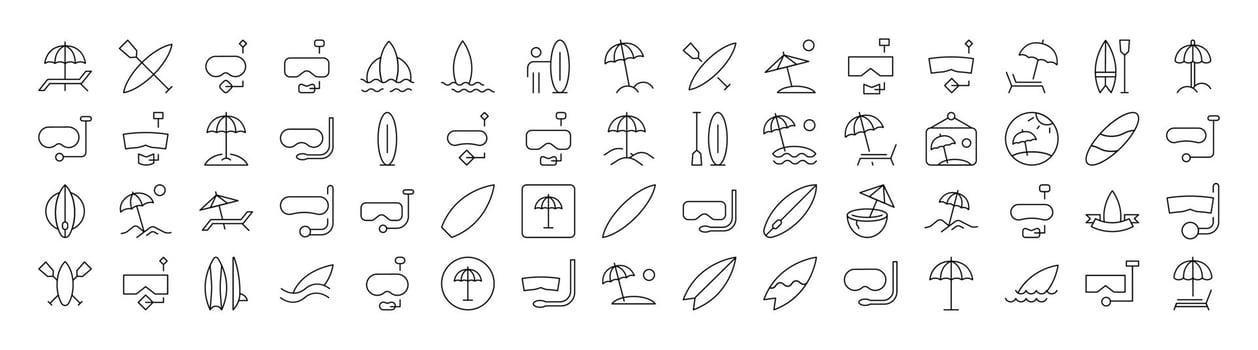 Set of Diving Mask, Surfboard, Umbrella, Beach Related Line Icons. Outline Signs for Graphic and Web Design, Apps, Adverts, Various Cards vector
