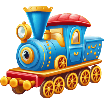 A whimsical cartoon blue toy train with golden accents png
