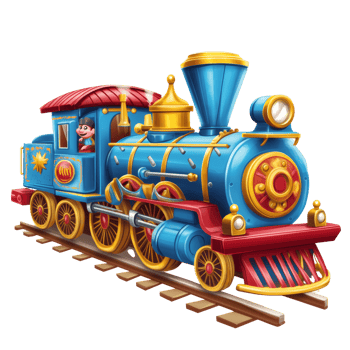 A whimsical blue toy train with a smiling conductor png