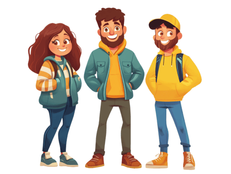 Three smiling cartoon friends stand together wearing casual clothes png
