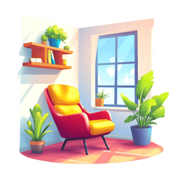 A Colorful Room Featuring A Comfortable Chair And Plants png