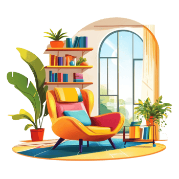 Colorful Living Room Chair Bookshelves Plants Window png