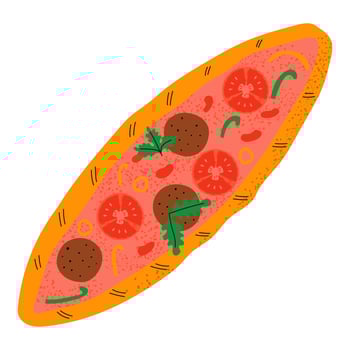 Pide with tomatoes and meat. Traditional Turkish food. Hand drawn illustration. vector