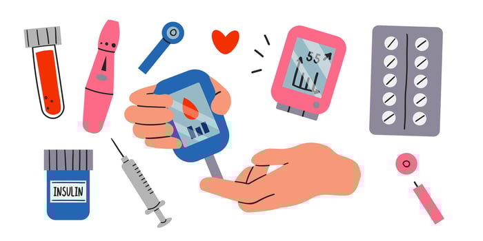 Diabetes management concept set. Collection of people check and monitor blood sugar level with glucometer, insulin pump, glucose monitors. Hands hold various diabetes devices. vector