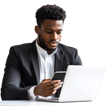 Businessman using phone and laptop computer png