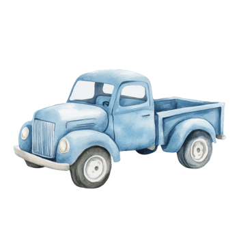 Watercolor Painting Of A Vintage Blue Pickup Truck. cut out png