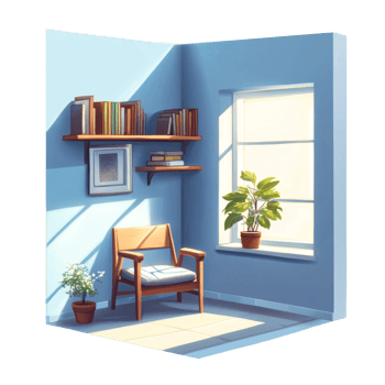 Sunny Corner Room with Chair Books and Plants png