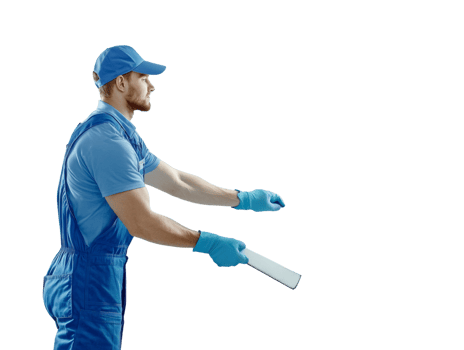 A Male Worker in Blue Uniforms Presents a Panel png