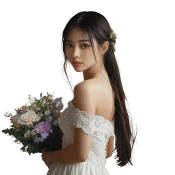 Beautiful Woman in White Dress Holds Flowers png