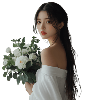 Elegant Woman Posing With White Flowers And Long Hair png
