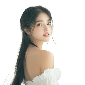 Young Woman with Long Dark Hair in White Off Shoulder Top png