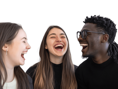 Three friends laugh together sharing a joyful moment png