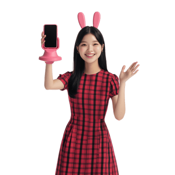 Happy Young Woman Shows Pink Phone Stand png