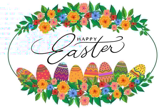 Bright oval-shaped Easter frame with Easter eggs flowers and leaves, bright and saturated pink yellow orange purple green colors, a card with the inscription Happy Easter vector