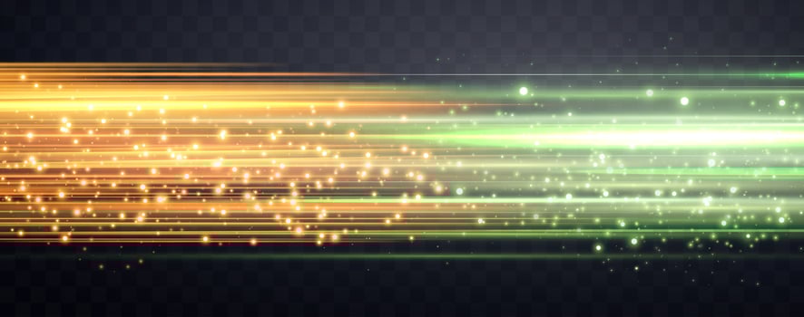 Speed rays, velocity light neon flow, zoom in motion effect, green and orange glow speed lines, colorful light trails, stripes. Abstract background, illustration. vector