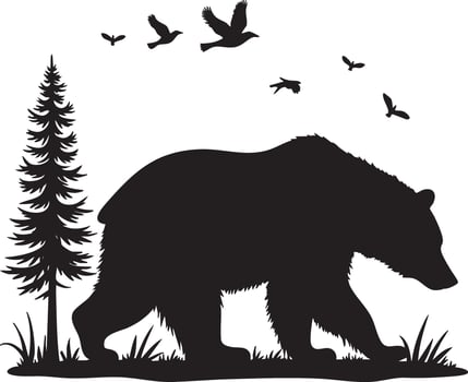 A black bear and birds in the forest vector