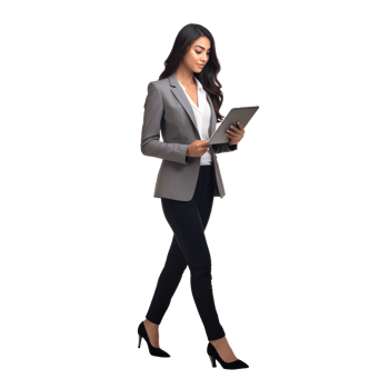 A woman in a business suit is walking and holding a tablet png