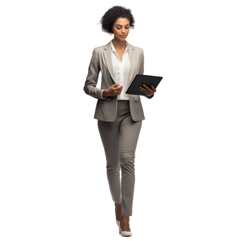 A woman in a business suit is walking with a tablet png