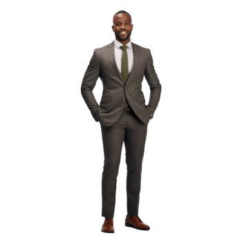 A man in a suit and tie standing with his hands in his pockets png