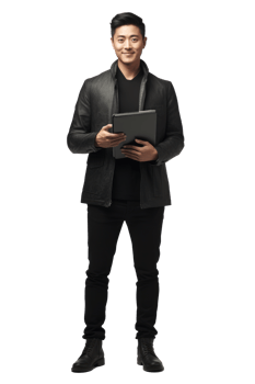 A man in black jacket holding a laptop png